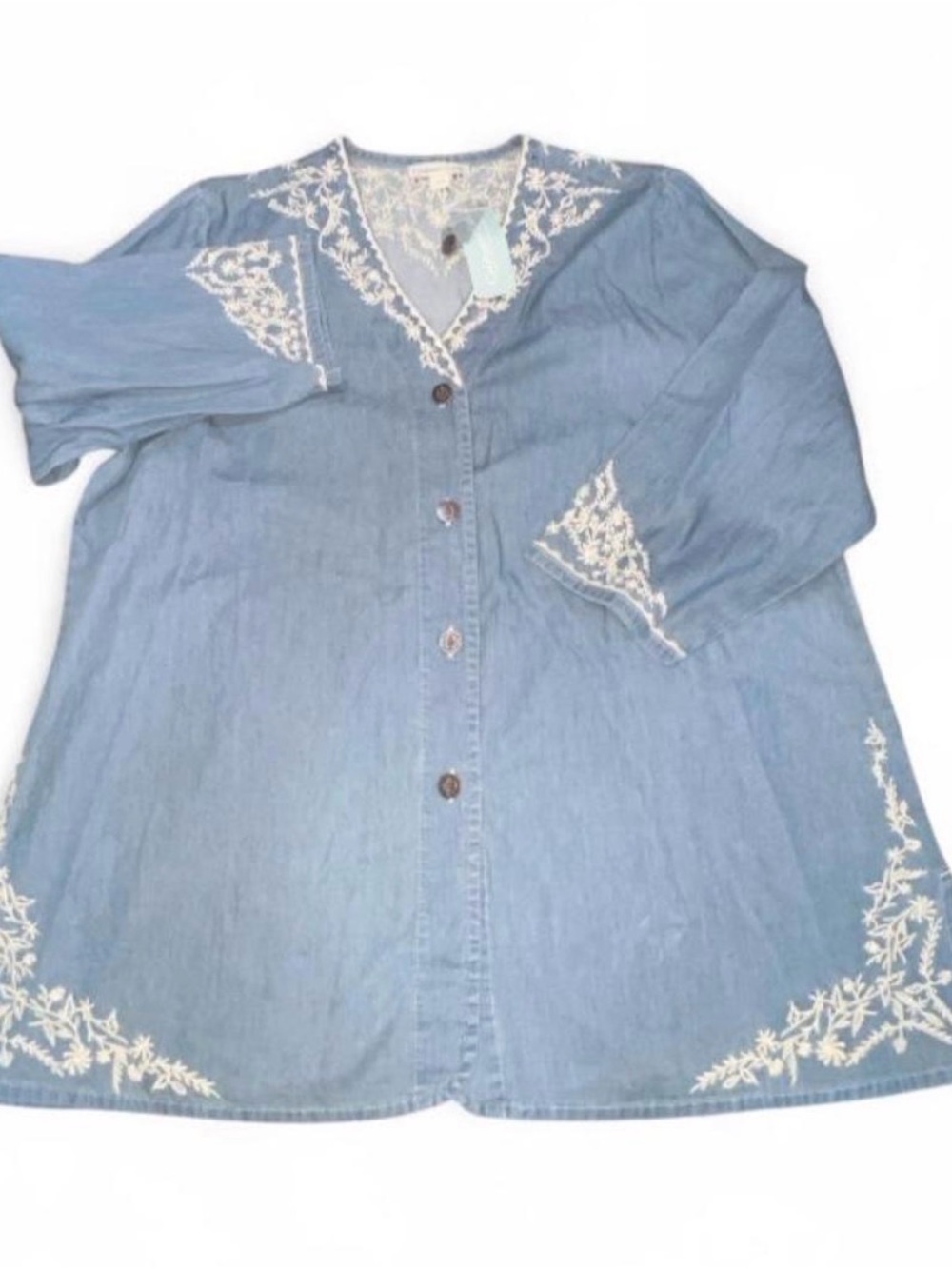 Coldwater Creek Light Blue Embroidered Chambray Button-Down Top